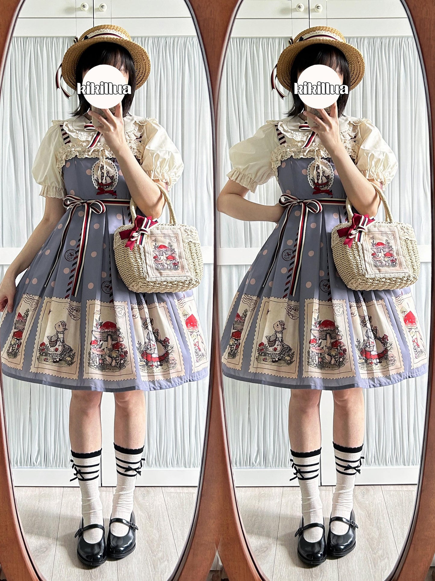 キノコとウサギの切手デザインジャンパースカート