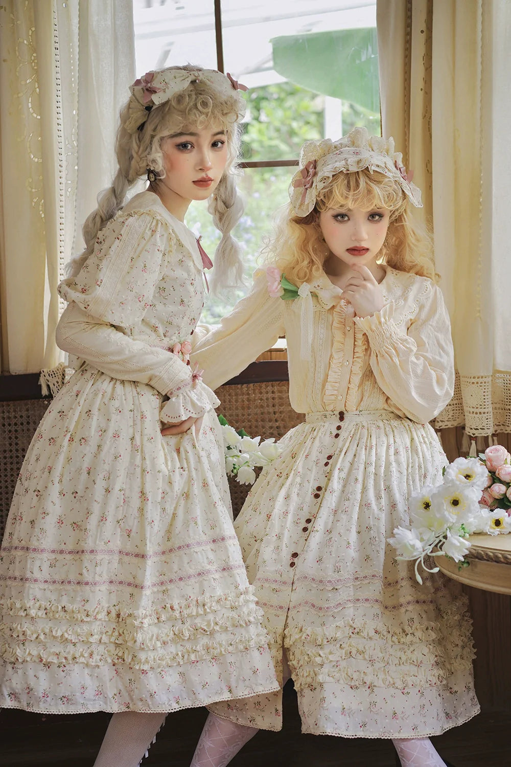【予約販売】Pink Flower 小花模様のボタン付コットンスカート