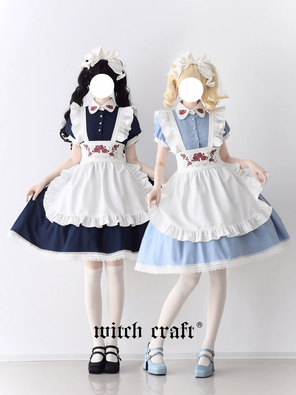 Maid-style dress with red rose embroidery and apron