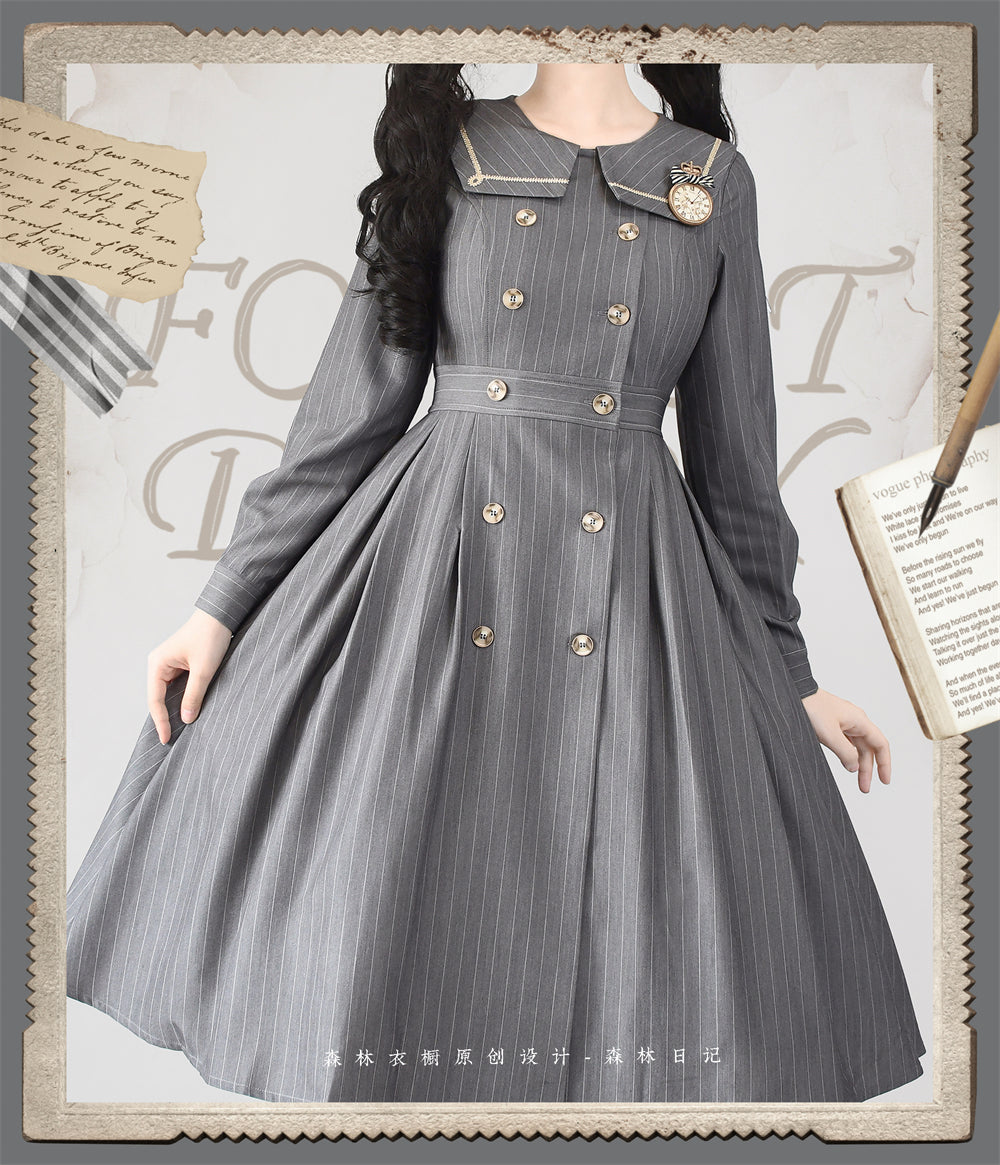 Forest Diary ストライプクラシカルコートワンピース リボンカチューシャ付き