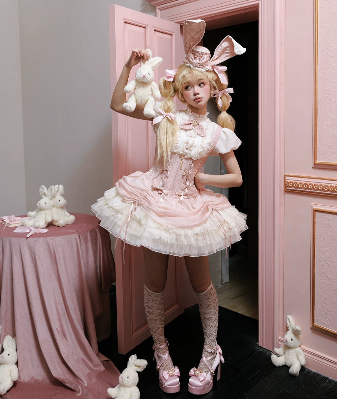 【受注予約6/30まで】Brulee Bunny コルセットジャンパースカートセット・ピンク