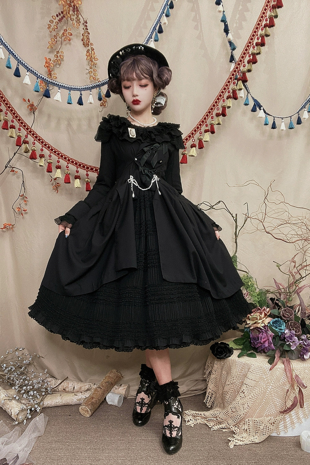 [Pre-orders available until 2/19] Cat Rose Tea Party Ruffled Long Sleeve Blouse