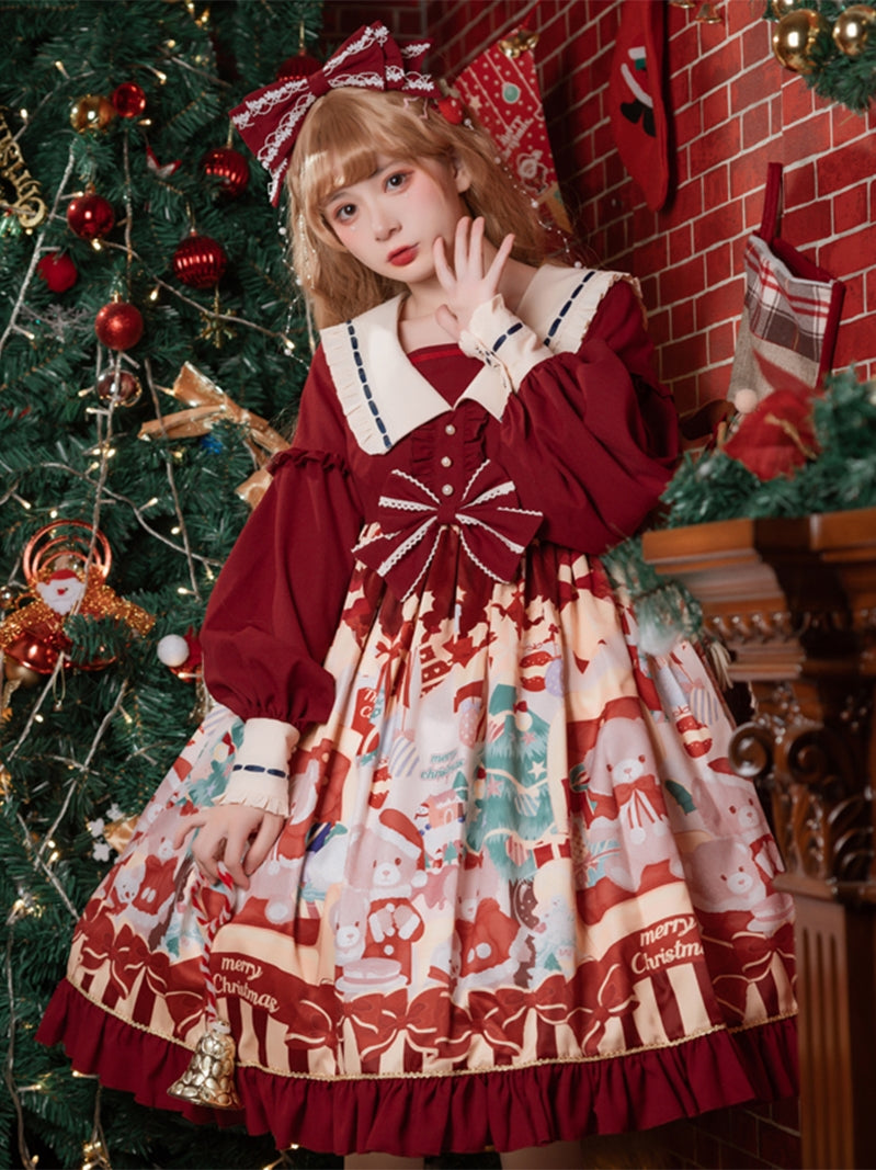 Santa Bear Print Christmas Color Lolita Dress