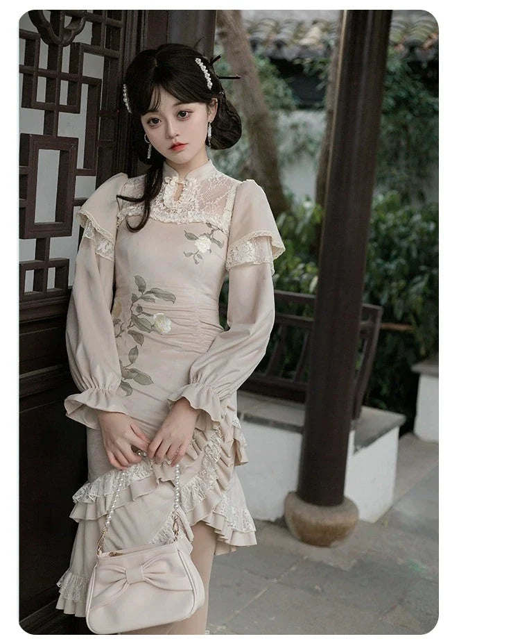 White camellia Chinese dress style one-piece