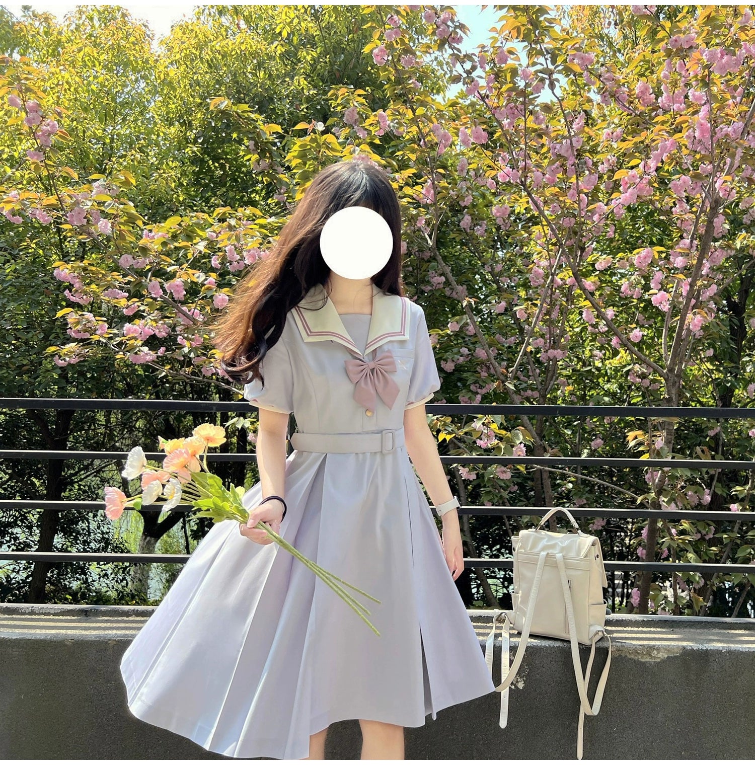 Misty Vine Wisteria Sailor Collar Short Sleeve Dress