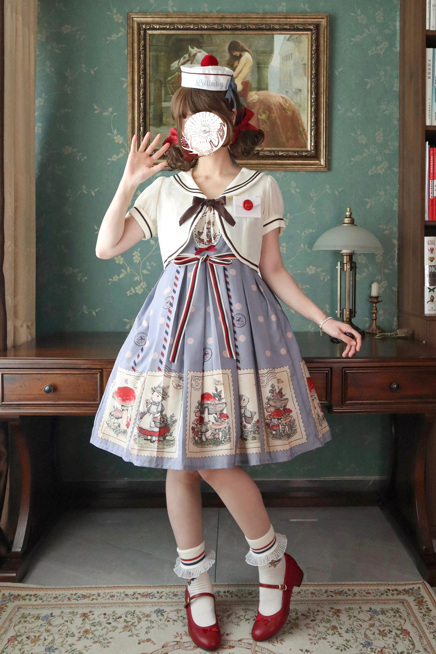 キノコとウサギの切手デザインジャンパースカート