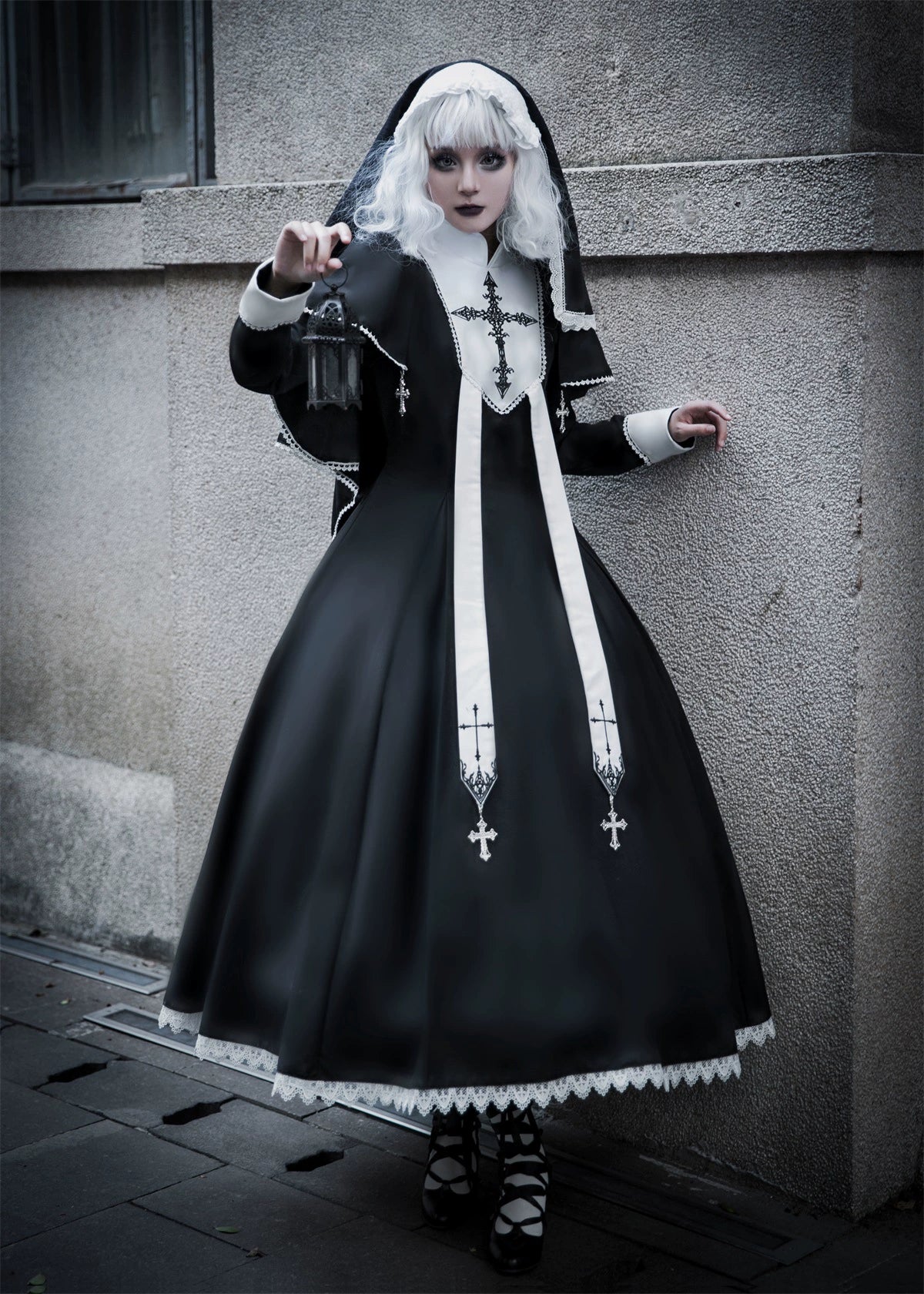 Nun-style cross-design gothic lolita long dress and cape