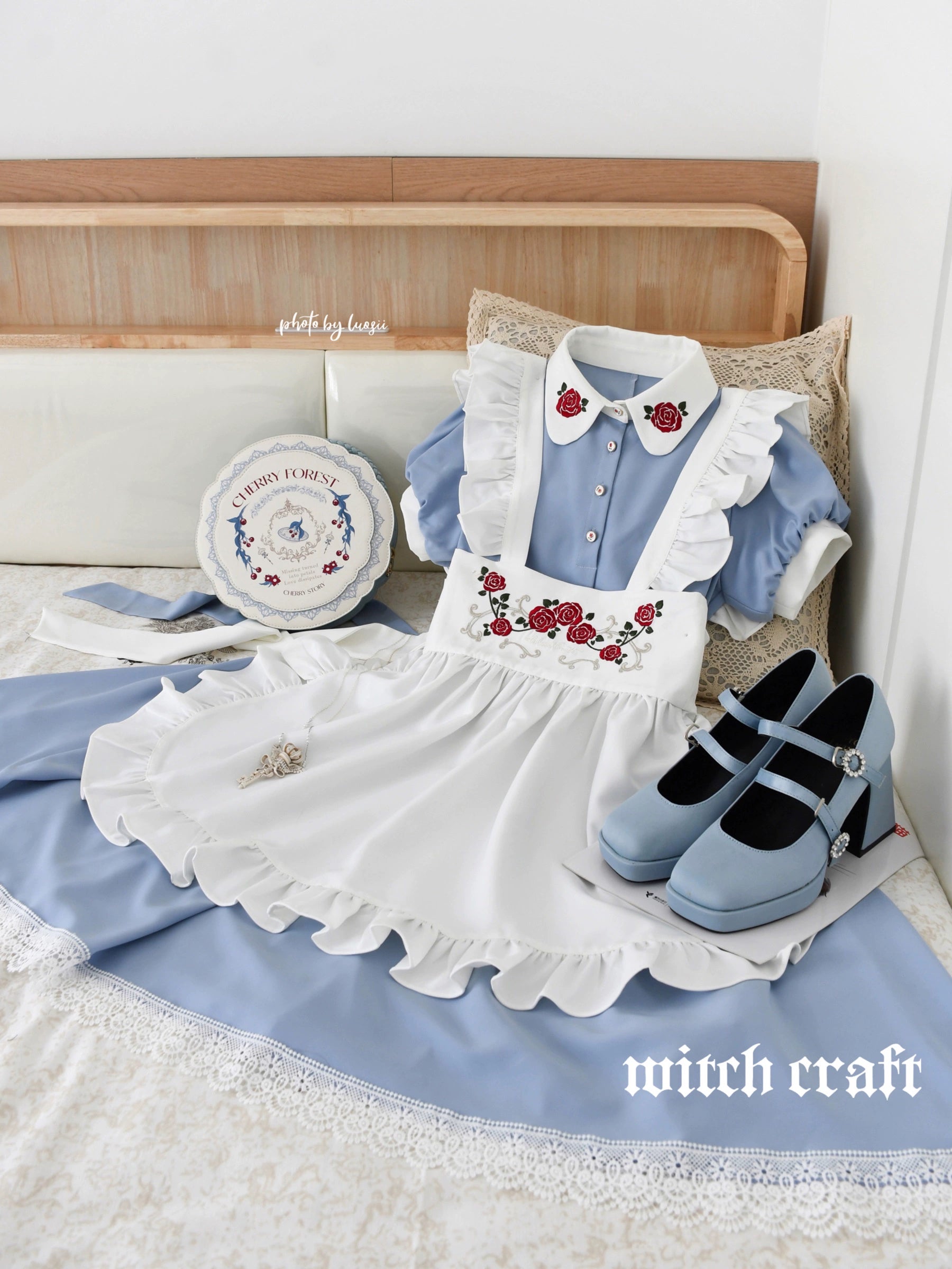 Maid-style dress with red rose embroidery and apron