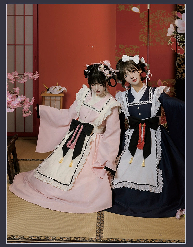 和風メイド ピンクとネイビーの和ロリドレス