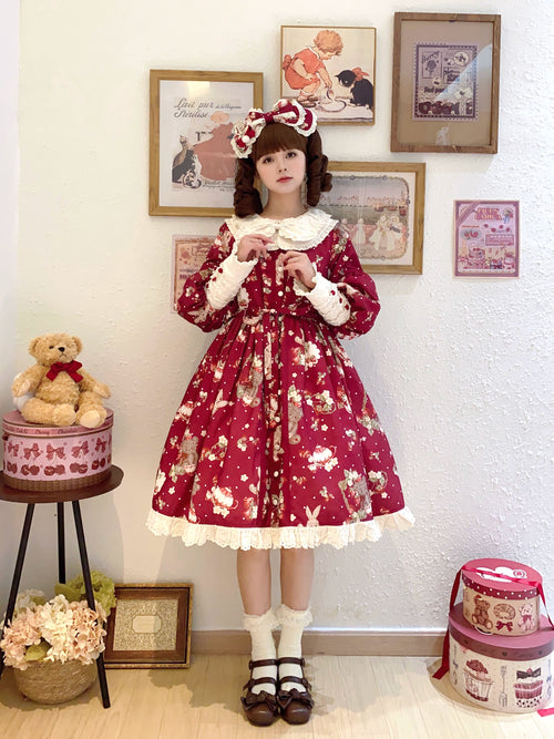 Bunny Bear Bunny long-sleeved one-piece dress with bunny ears, short length