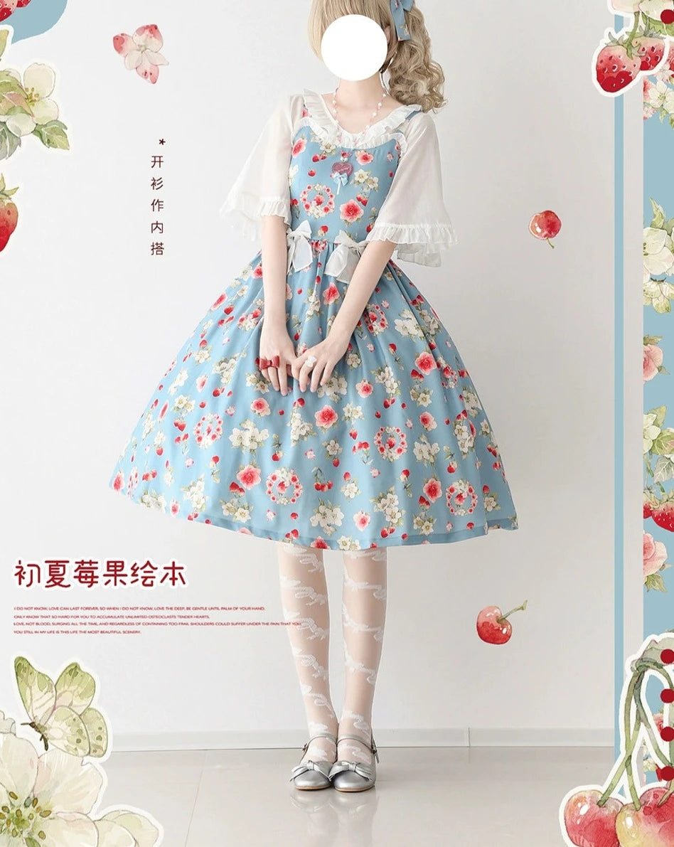 Early Summer Strawberry Picture Book Jumper Skirt with Ribbon Hair Accessory