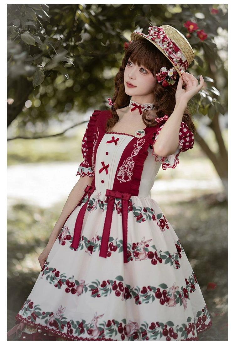 Midsummer Orchard Cherry and Rabbit Short Sleeve Dress