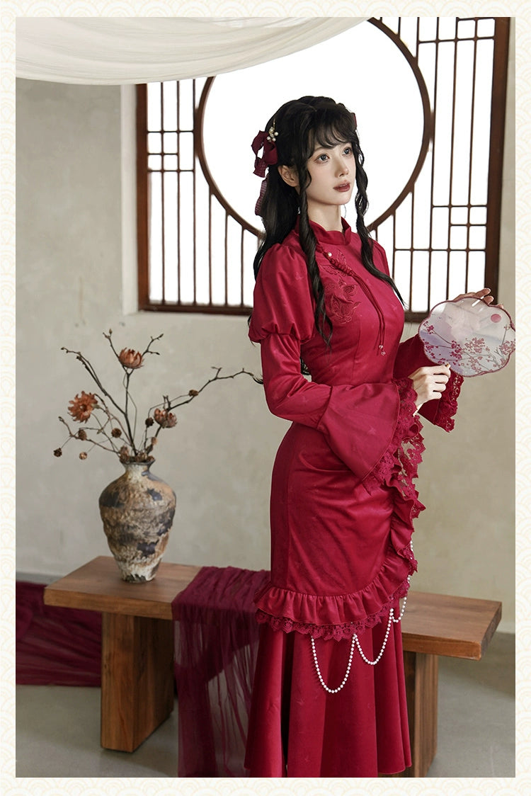 紅蝶 バタフライ刺繍のチャイナ風ドレス