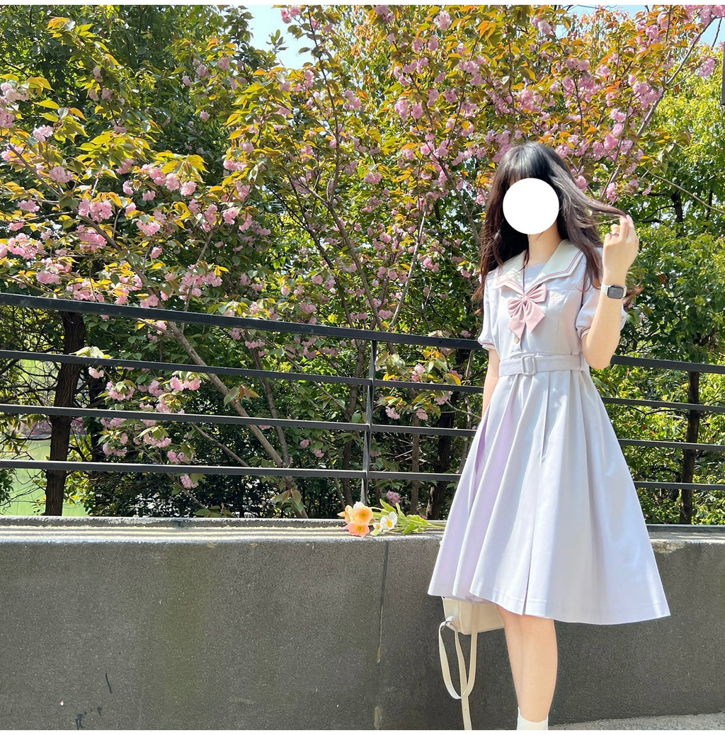 Misty Vine Wisteria Sailor Collar Short Sleeve Dress