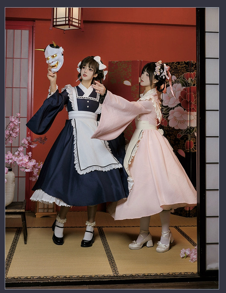 和風メイド ピンクとネイビーの和ロリドレス
