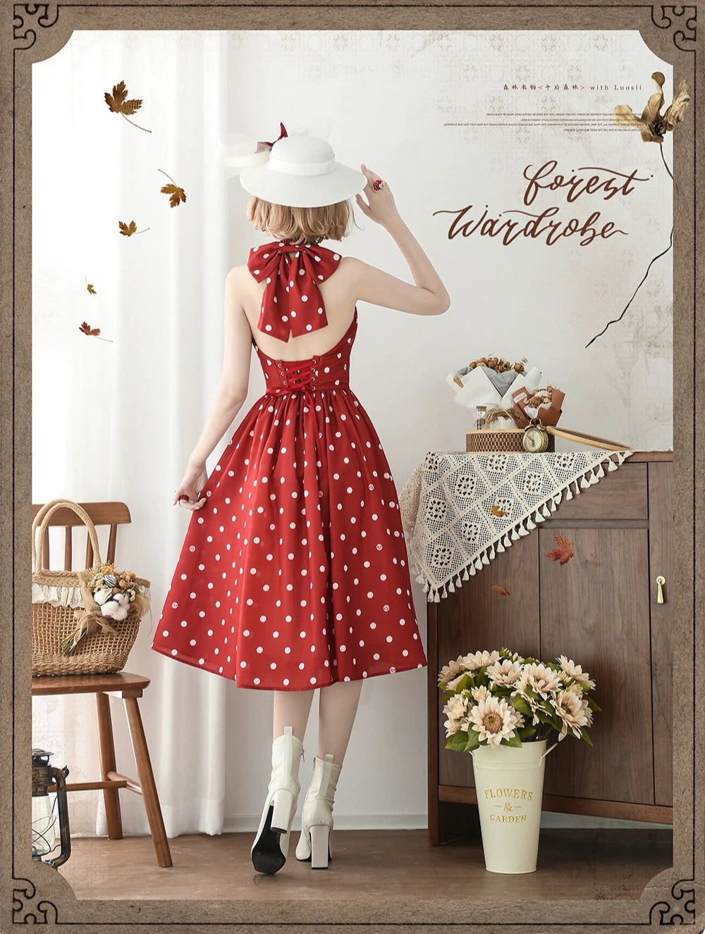 Afternoon Forest Retro Elegant Halter Neck Jumper Skirt with Hair Accessory