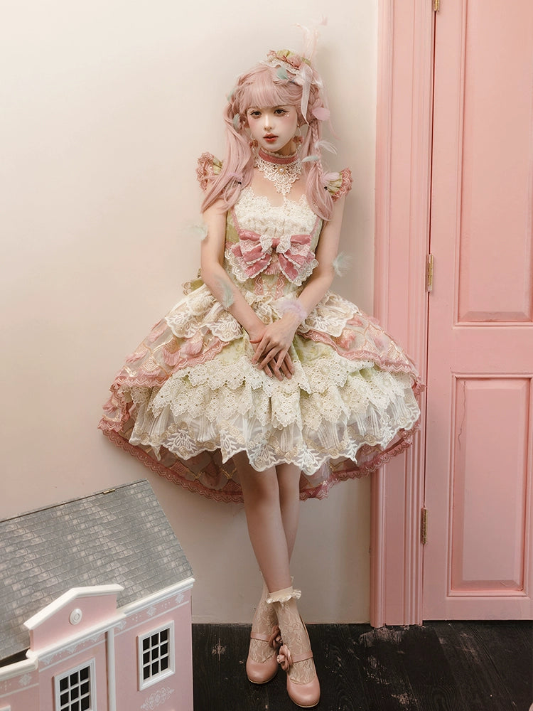 【受注予約6/18まで】Peacock Feather ミニドレス・ピンク×グリーン