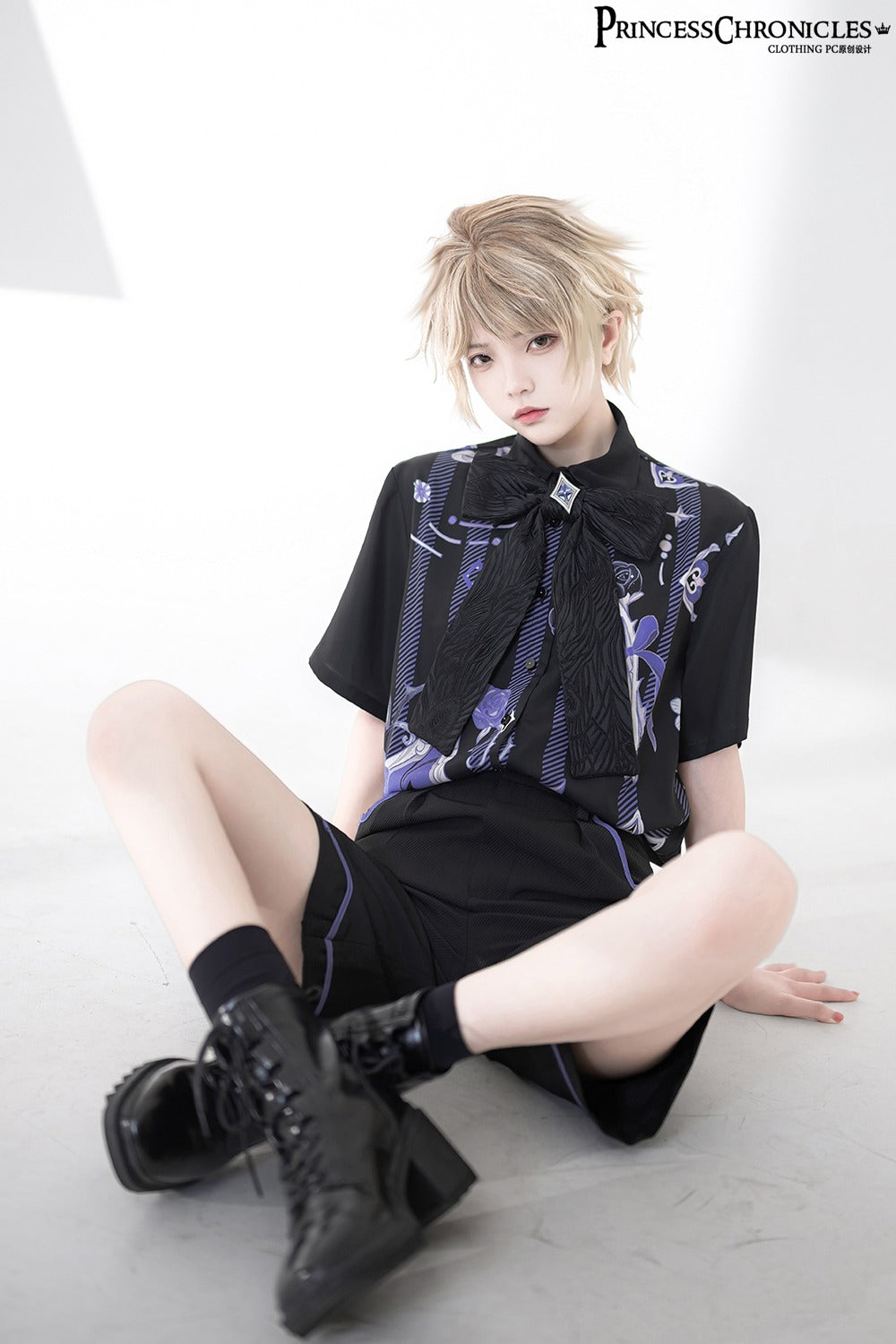 [Pre-order] Prince style blue-purple retro print blouse