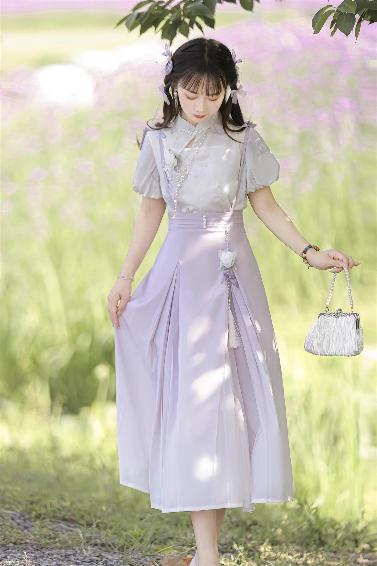 Pearl and Iris Flower Lolita Suspender Skirt and Sheer Blouse