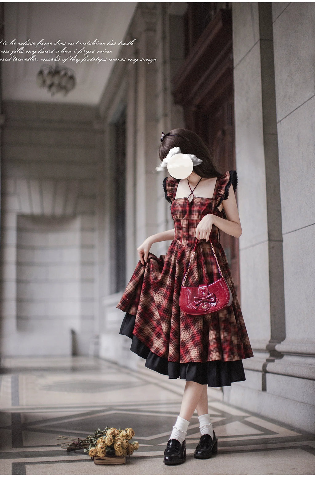 Red checked bicolor jumper skirt and black blouse