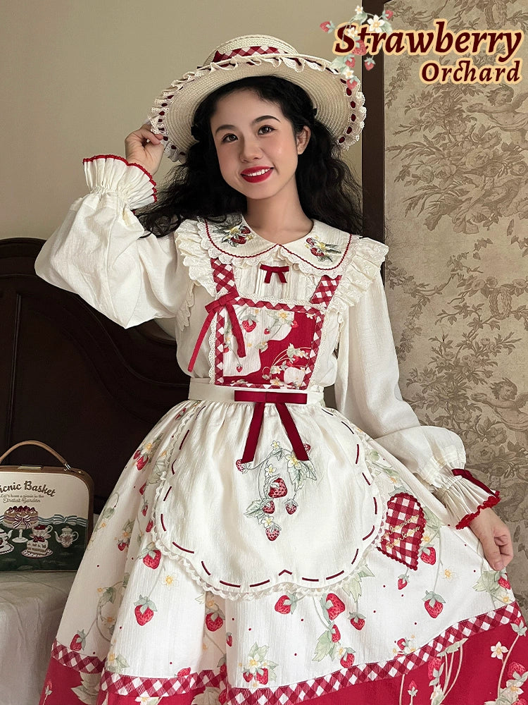Strawberry Orchard Strawberry Embroidered Long Sleeve Blouse