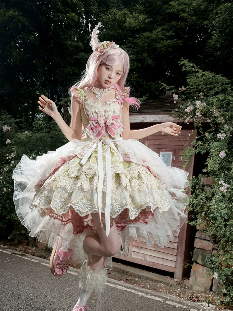 【受注予約6/18まで】Peacock Feather ミニドレス・ピンク×グリーン