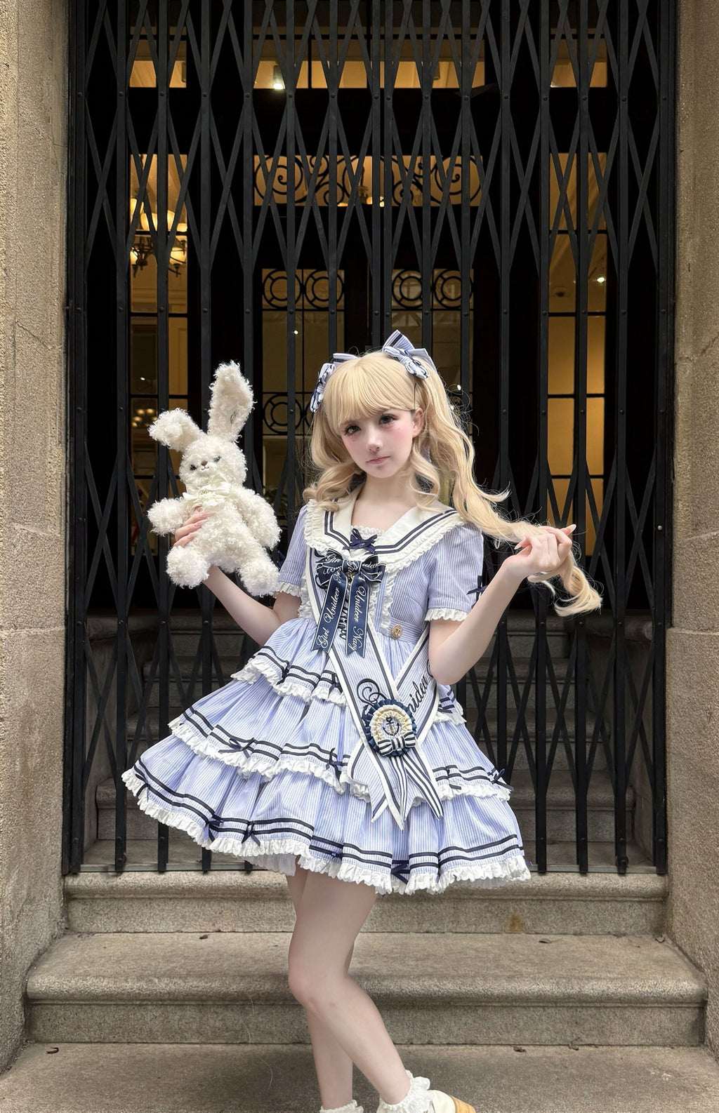 【受注予約4/28まで】セーラー襟と3段フリルの2wayマリンワンピース・ストライプ・ショート丈