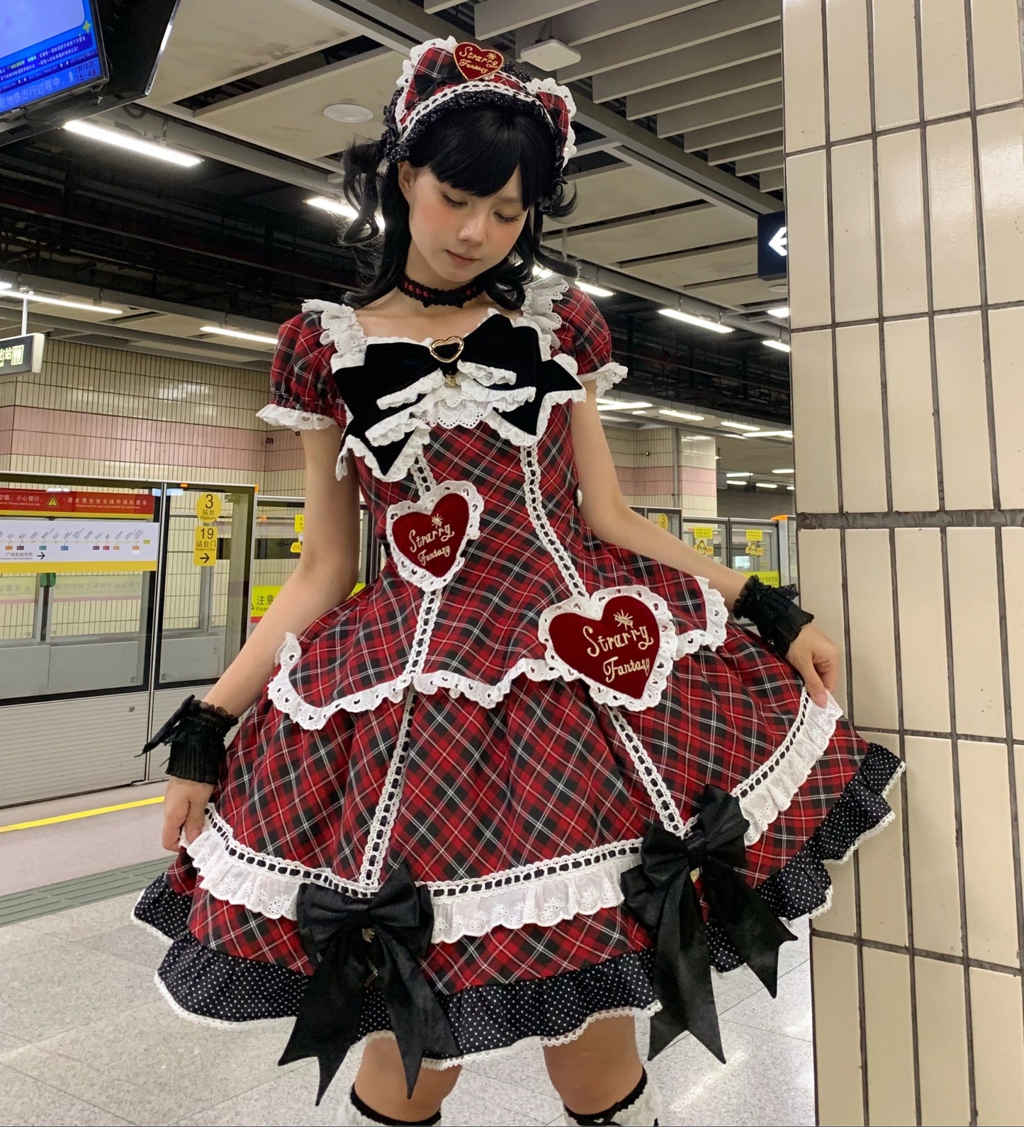 【受注予約11/13まで】Velvet Sweetie Heart チェックの半袖ワンピース・レッド