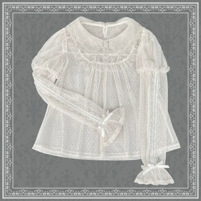 [Pre-order] Sheer dot frill blouse, short sleeves and long sleeves