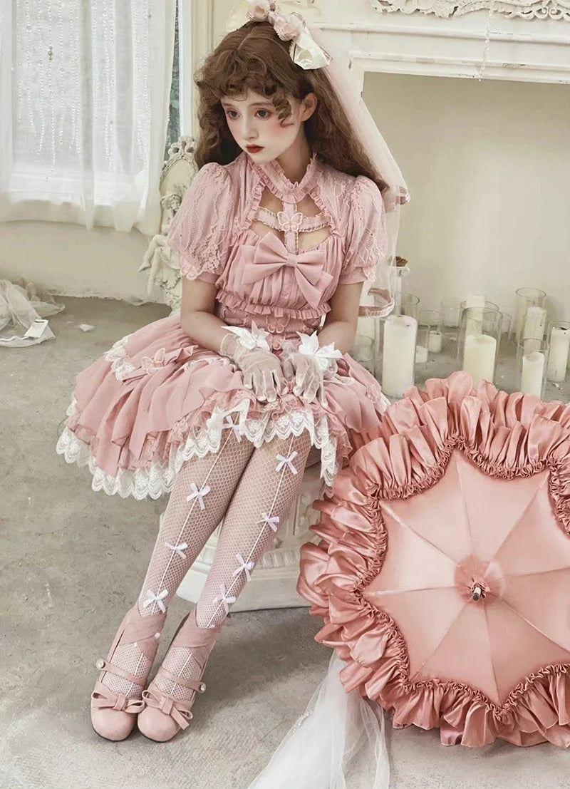 Baby Pink Cross Ribbon Corset Style Short Sleeve Dress