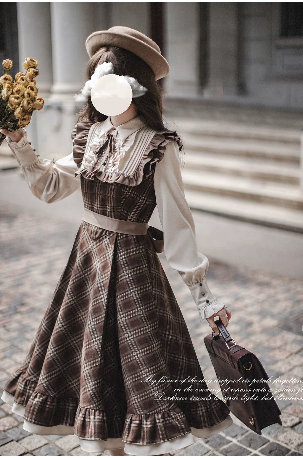 Tartan plaid pattern switching dress with ribbon tie