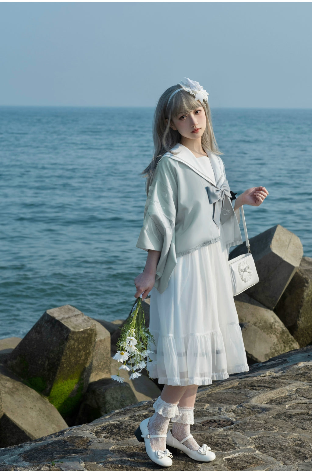 Blue Sea and Bright Moon セーラーカラーワンピース・羽織・エプロン3点セット