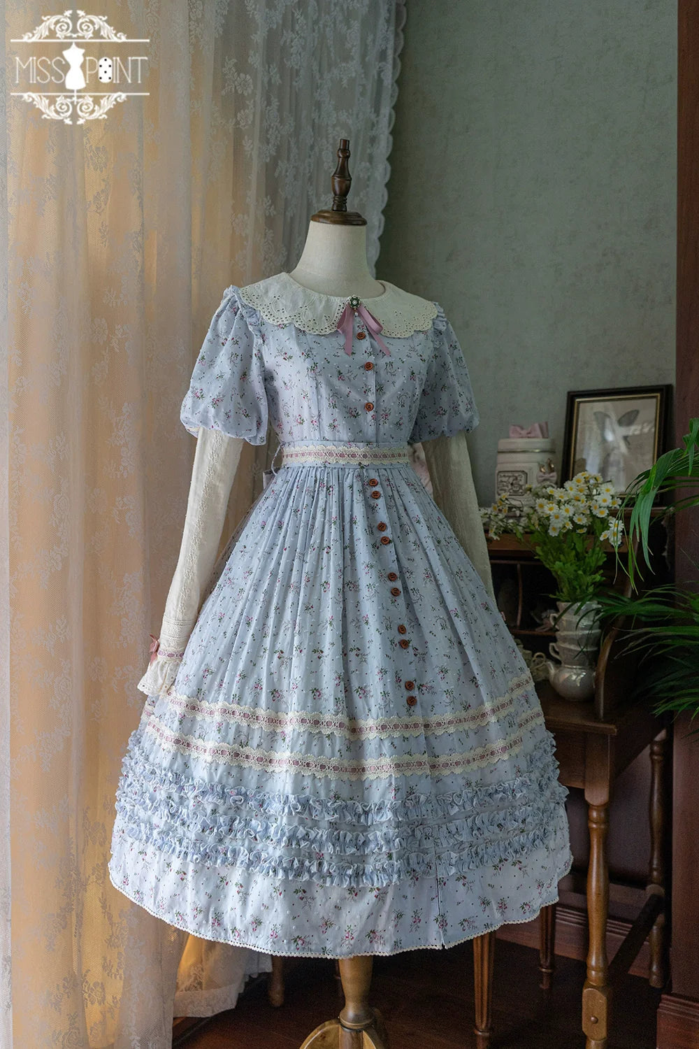 【予約販売】Pink Flower 小花模様のボタン付コットンワンピース