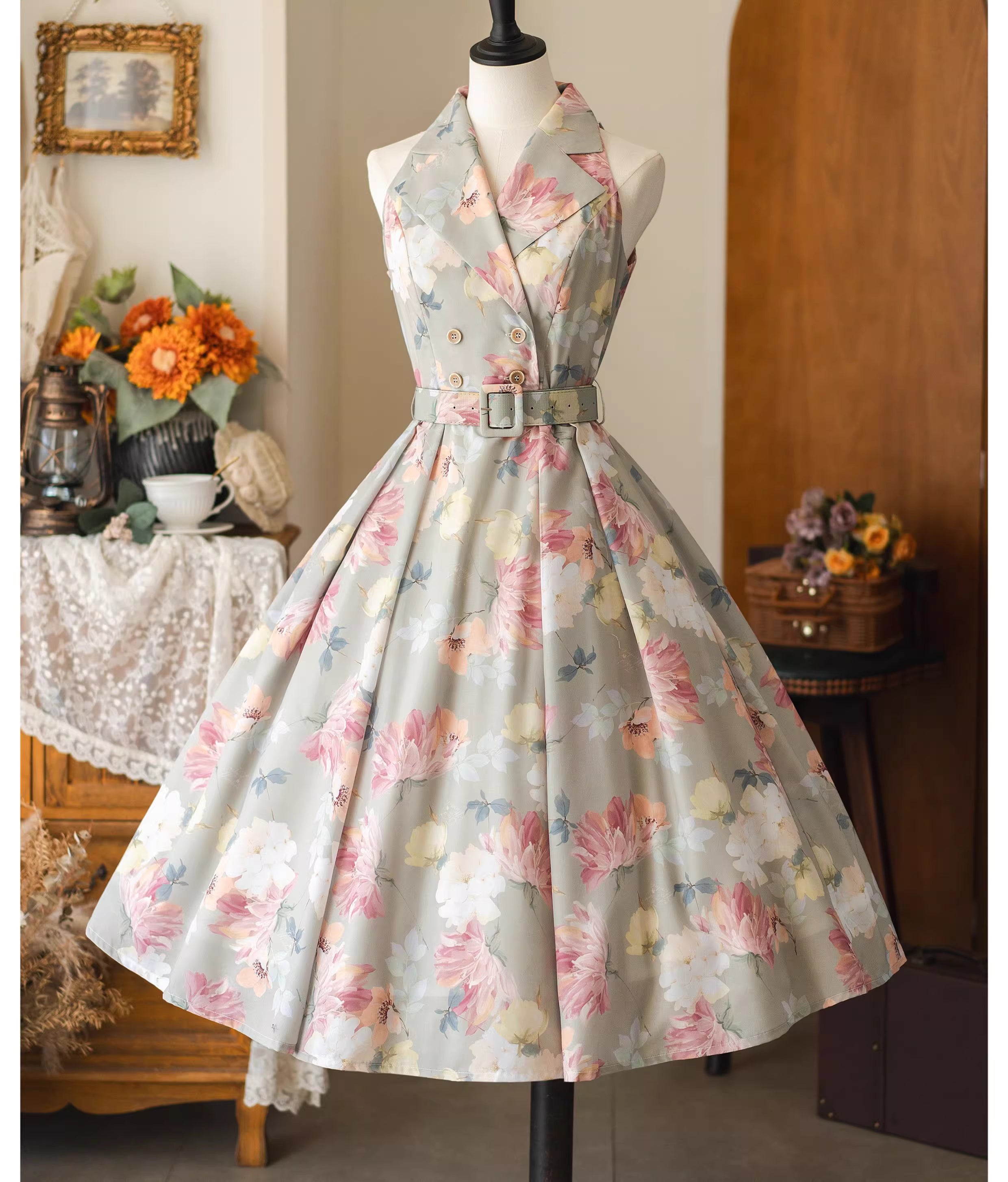 Afternoon Forest Retro Elegant American Sleeve Jumper Skirt with Hair Accessory