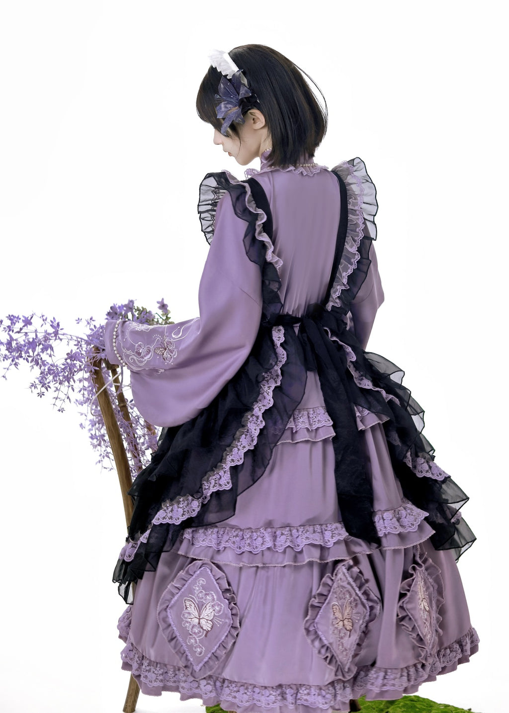 蝶と蘭のエプロン付華ロリワンピース