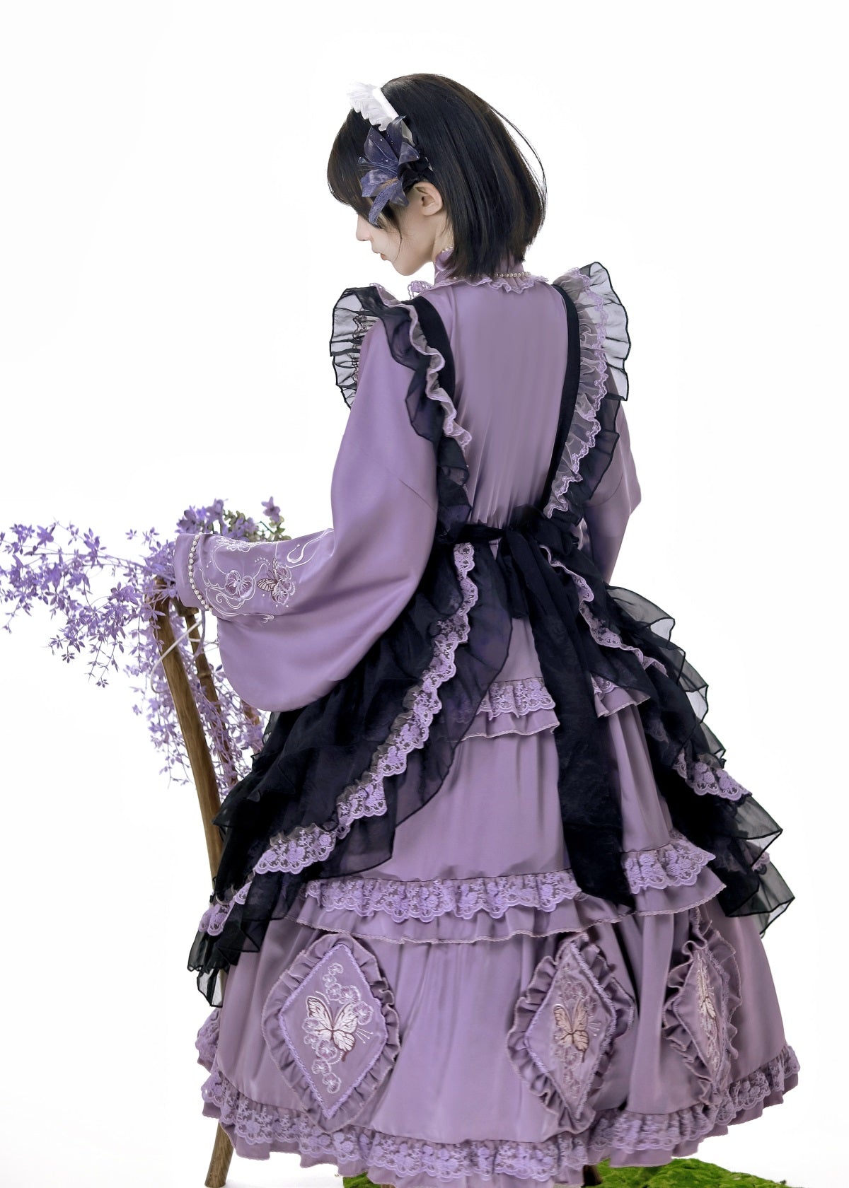 蝶と蘭のエプロン付華ロリワンピース