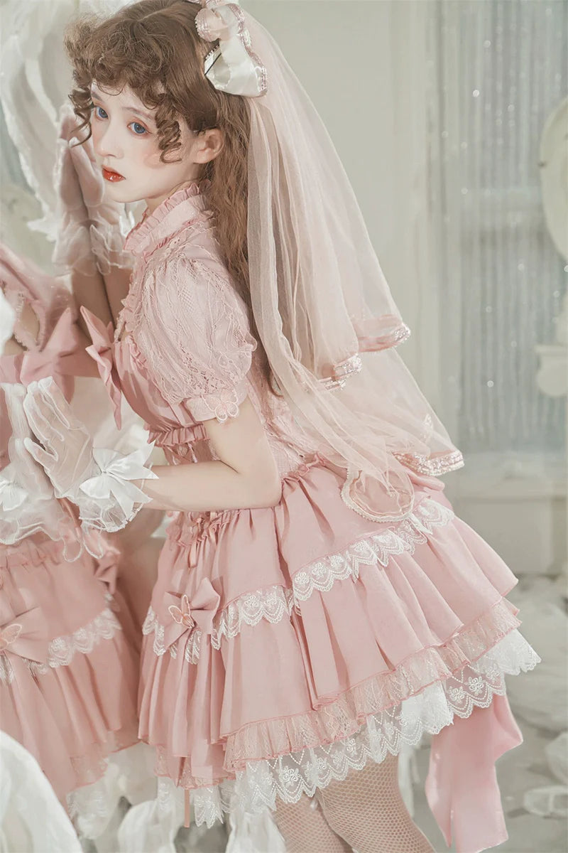 Baby Pink クロスリボンのコルセット風半袖ワンピース