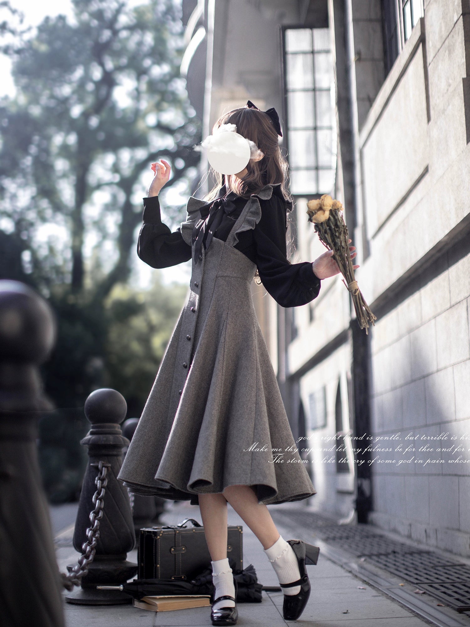 Gray metal button jumper skirt and ribbon tie blouse