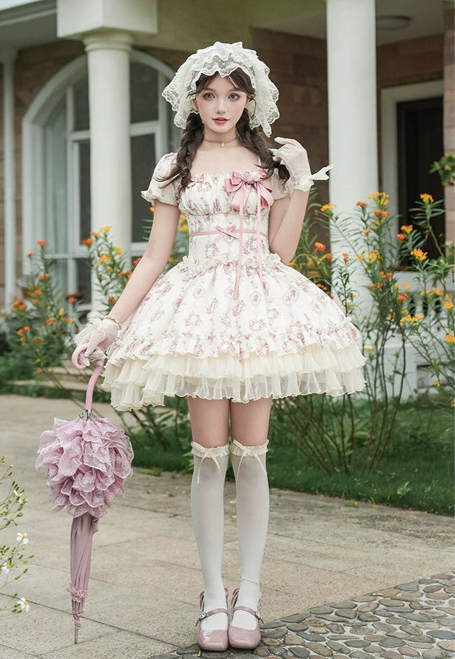 雨上がりの薔薇 プリントワンピース・ショート丈