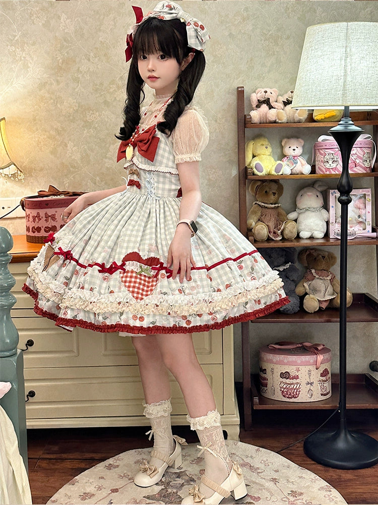 Cherry and Heart Gingham Check Jumper Skirt