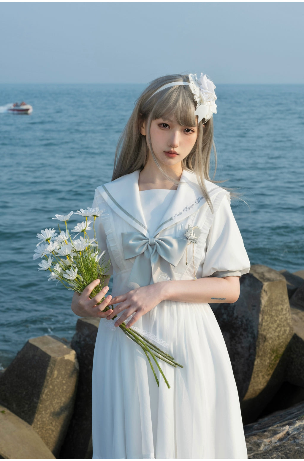 Blue Sea and Bright Moon セーラーカラーワンピース・羽織・エプロン3点セット