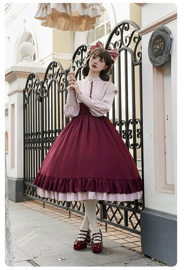 Rose red fake two-piece style dress
