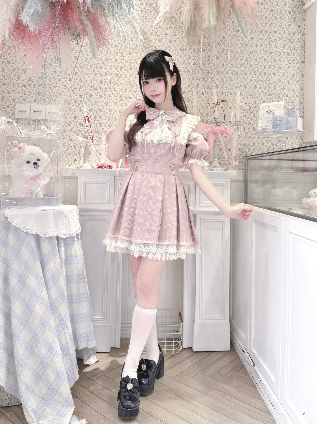 Angel Heartbeat Pink フリルチェックミニ丈ワンピース