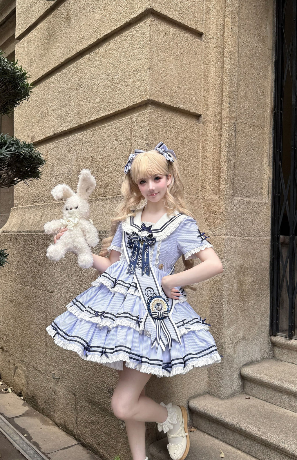 【受注予約4/28まで】セーラー襟と3段フリルの2wayマリンワンピース・ストライプ・ショート丈
