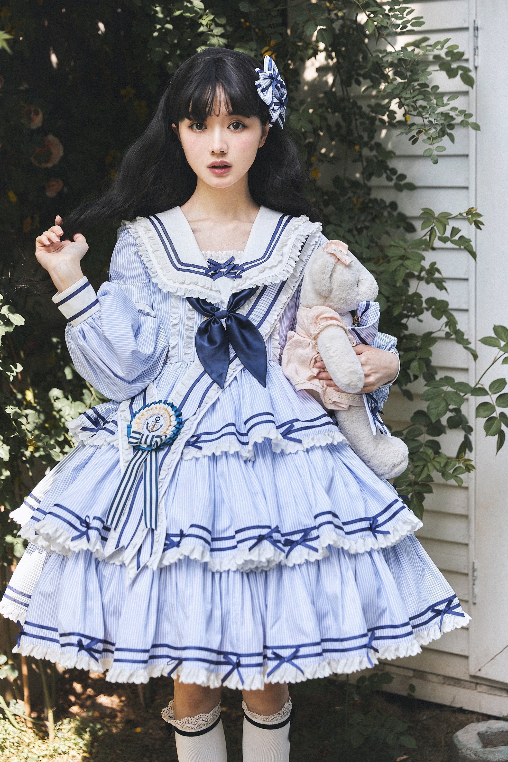【受注予約4/28まで】セーラー襟と3段フリルの2wayマリンワンピース・ストライプ・ミドル丈