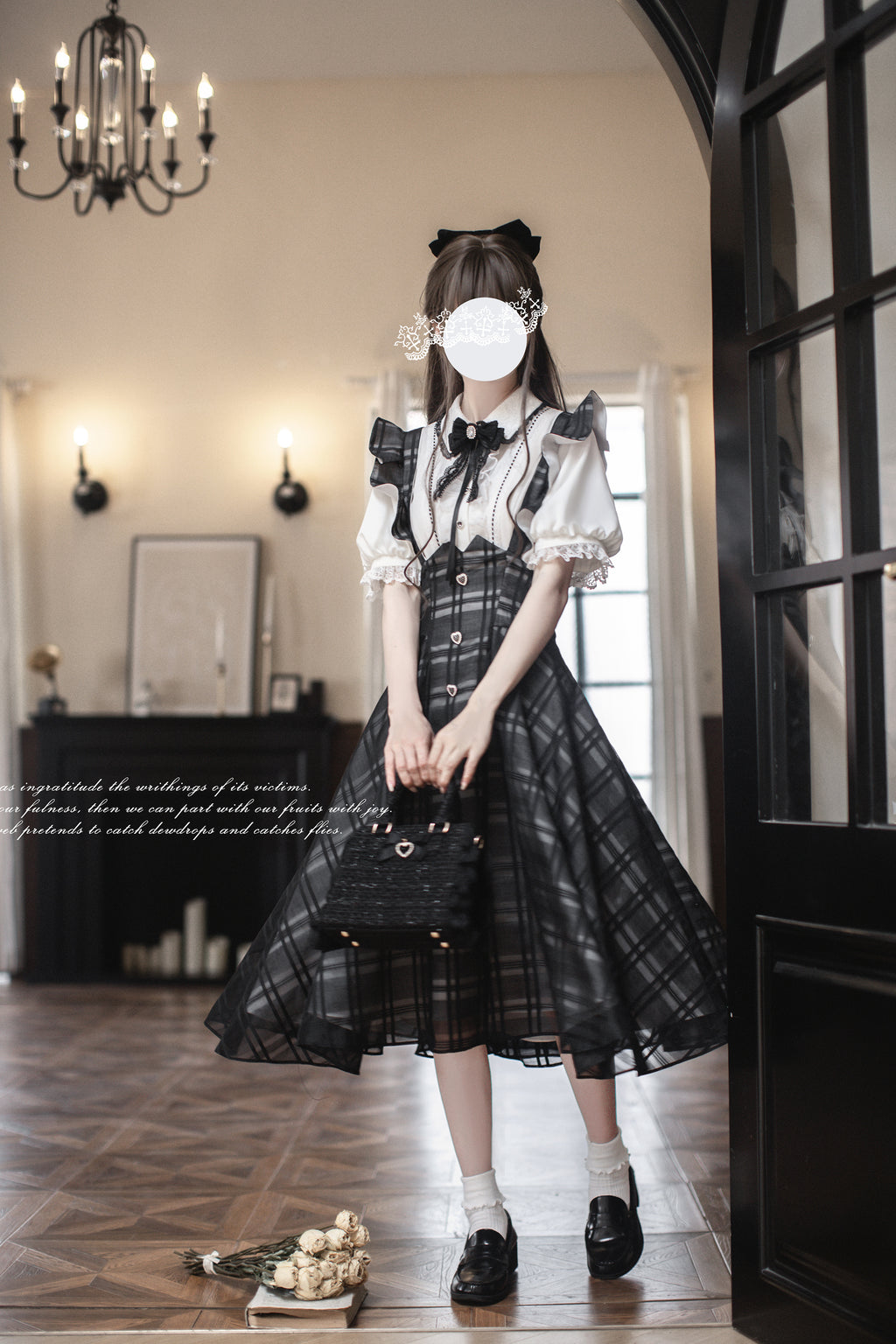 Monochrome Heart チェック柄ジャンパースカートセット・ロング丈