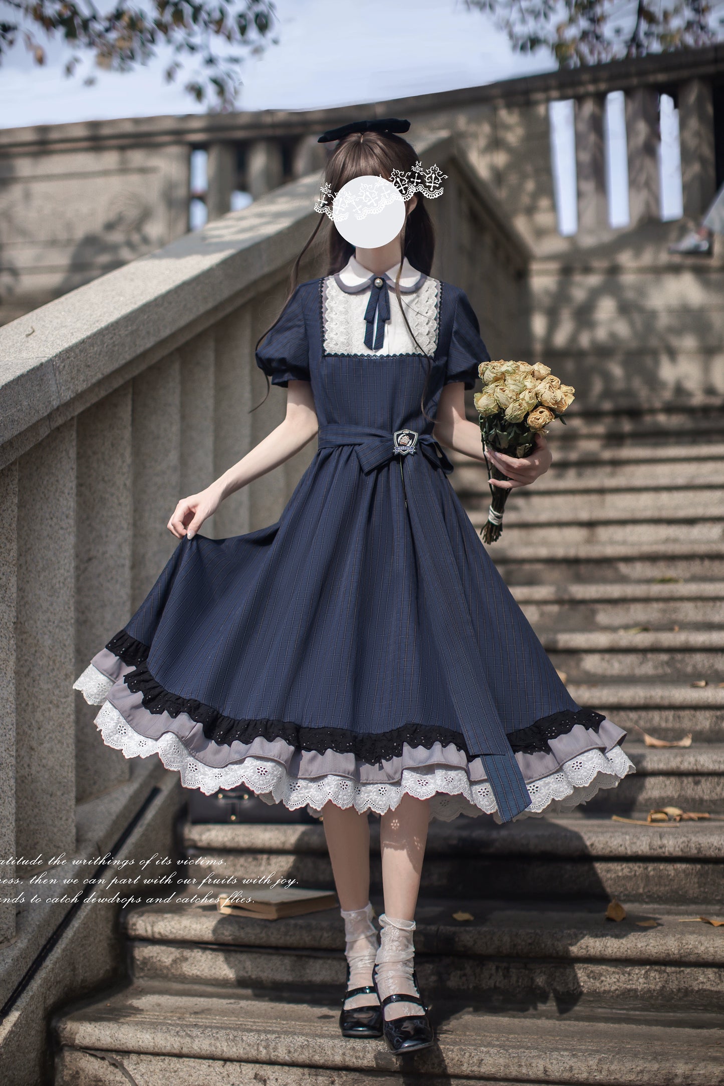 【予約販売】Phyllis ネイビーチェックのエレガントレトロ半袖ワンピース