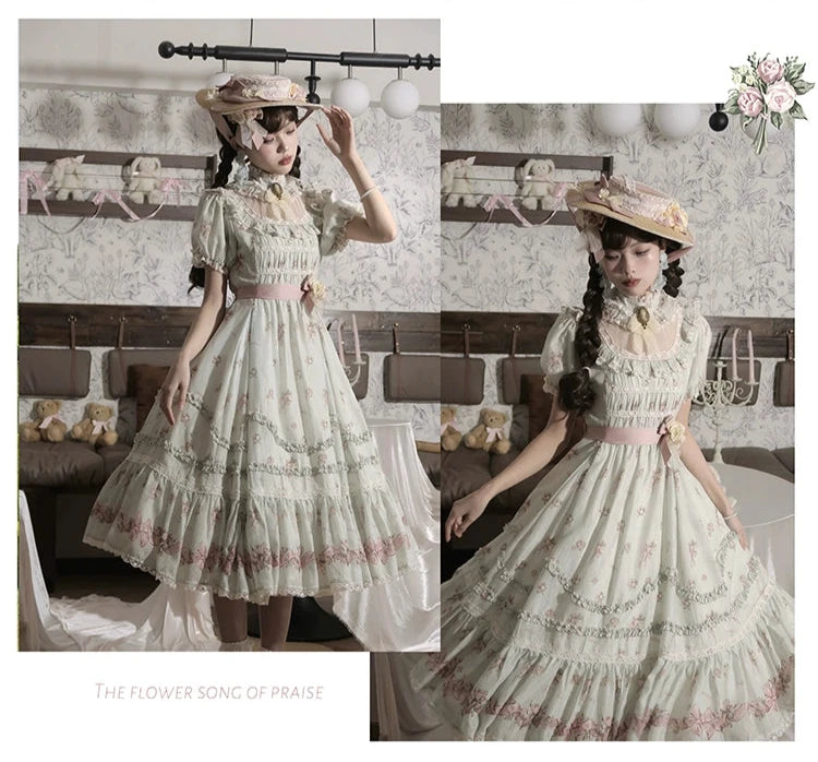 Roses Bouquet Stand Collar Frill Dress