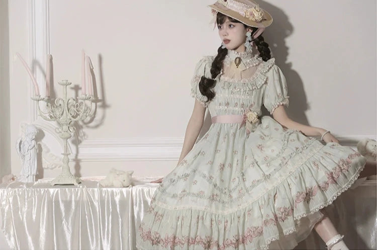 Roses Bouquet Stand Collar Frill Dress