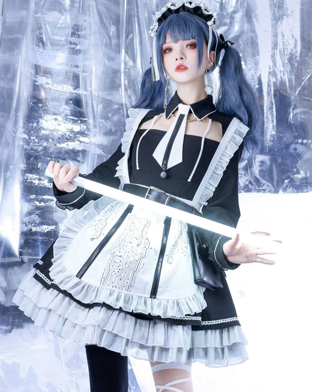 【アウトレット】SFメイド ゴスロリエプロン付き長袖ワンピース・ブラック・3XL・即納
